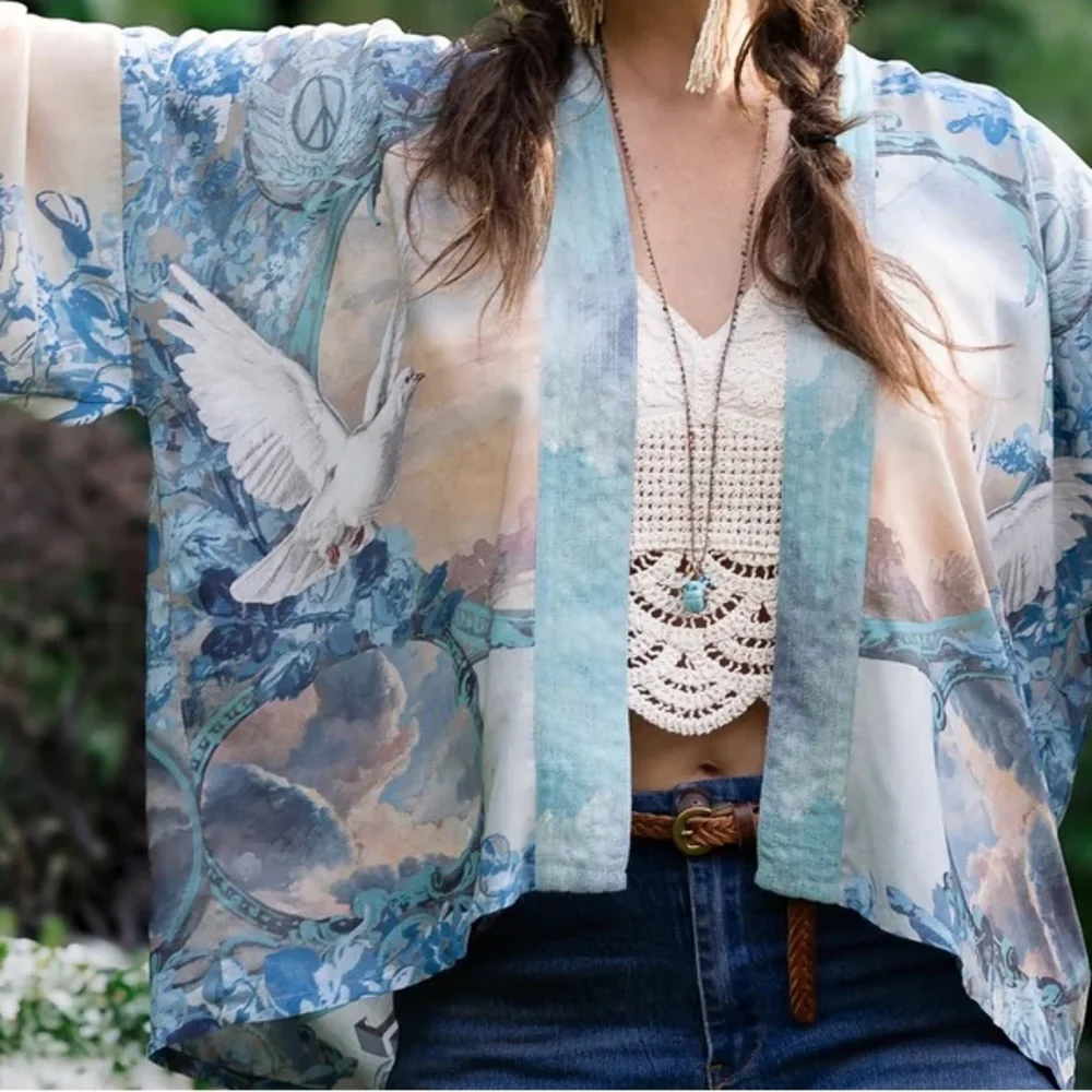 ⭐️Market of Stars⭐️ PEACE OUT Vintage  Art Lightweight Flowy Summer Cardigan - Picture 3 of 16